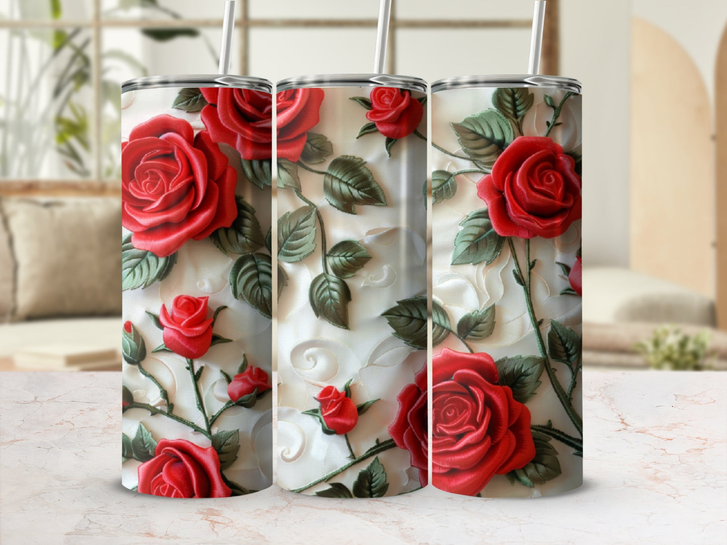 Three tumblers with realistic red roses and green leaves design.