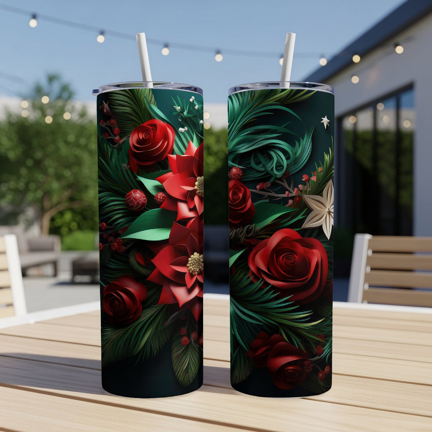 Two tumblers featuring red poinsettias and dark green foliage.