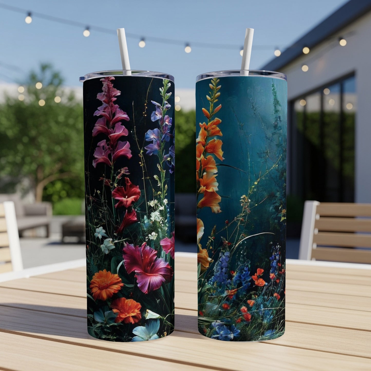 Two tumblers with floral designs, one pink and purple, the other orange and blue.