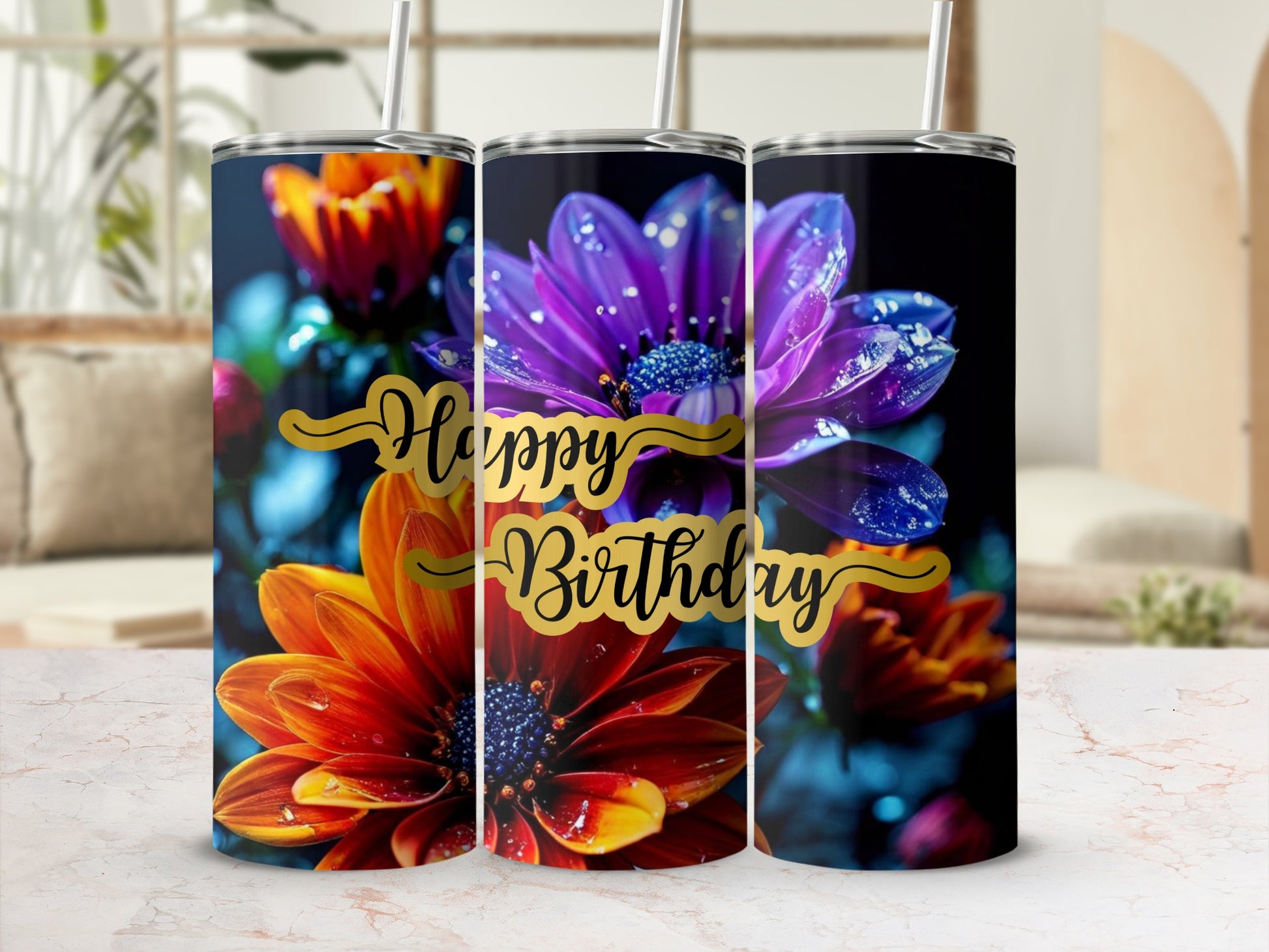 Tumbler with purple and orange flowers and "Happy Birthday" text.