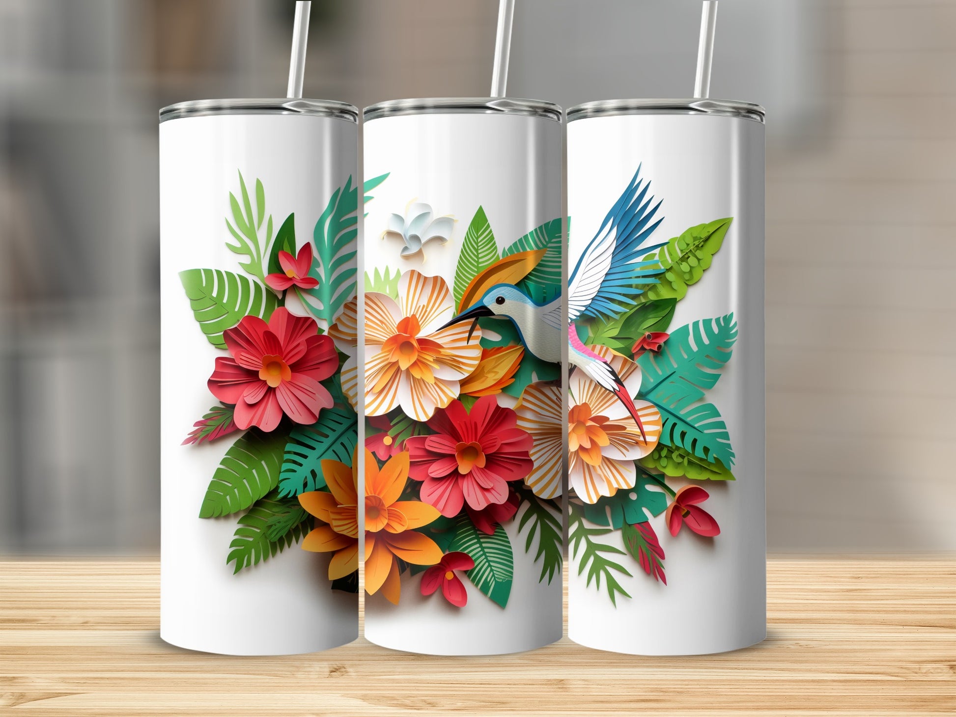 Colorful Floral Hummingbird Design Tumbler Product