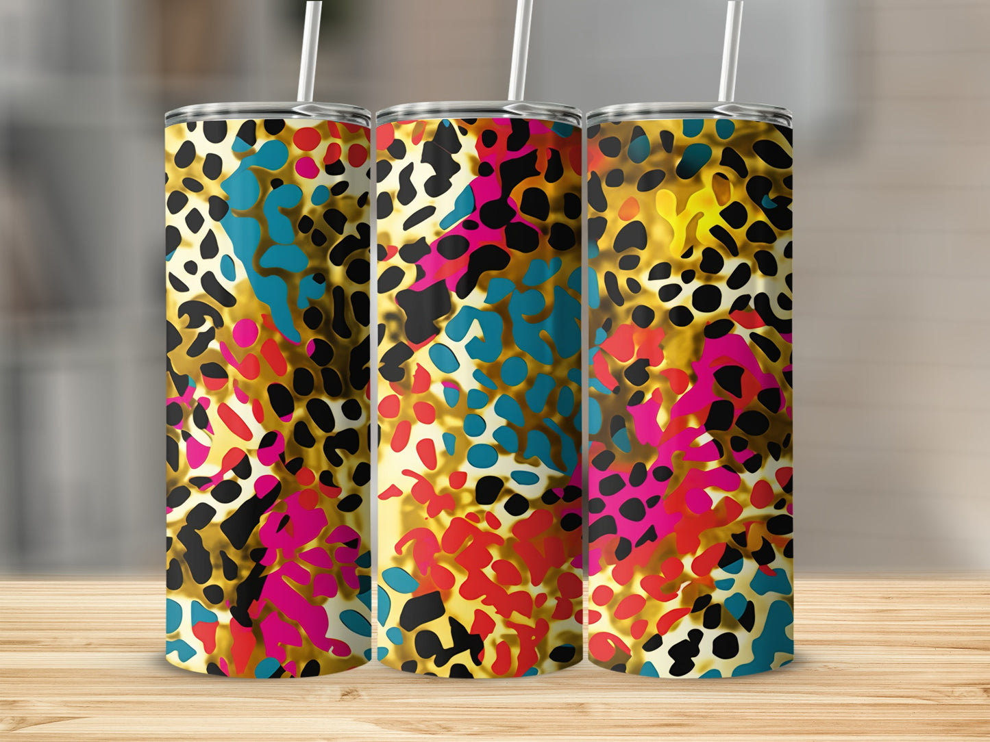 Tall tumbler with colorful leopard print design and straw.