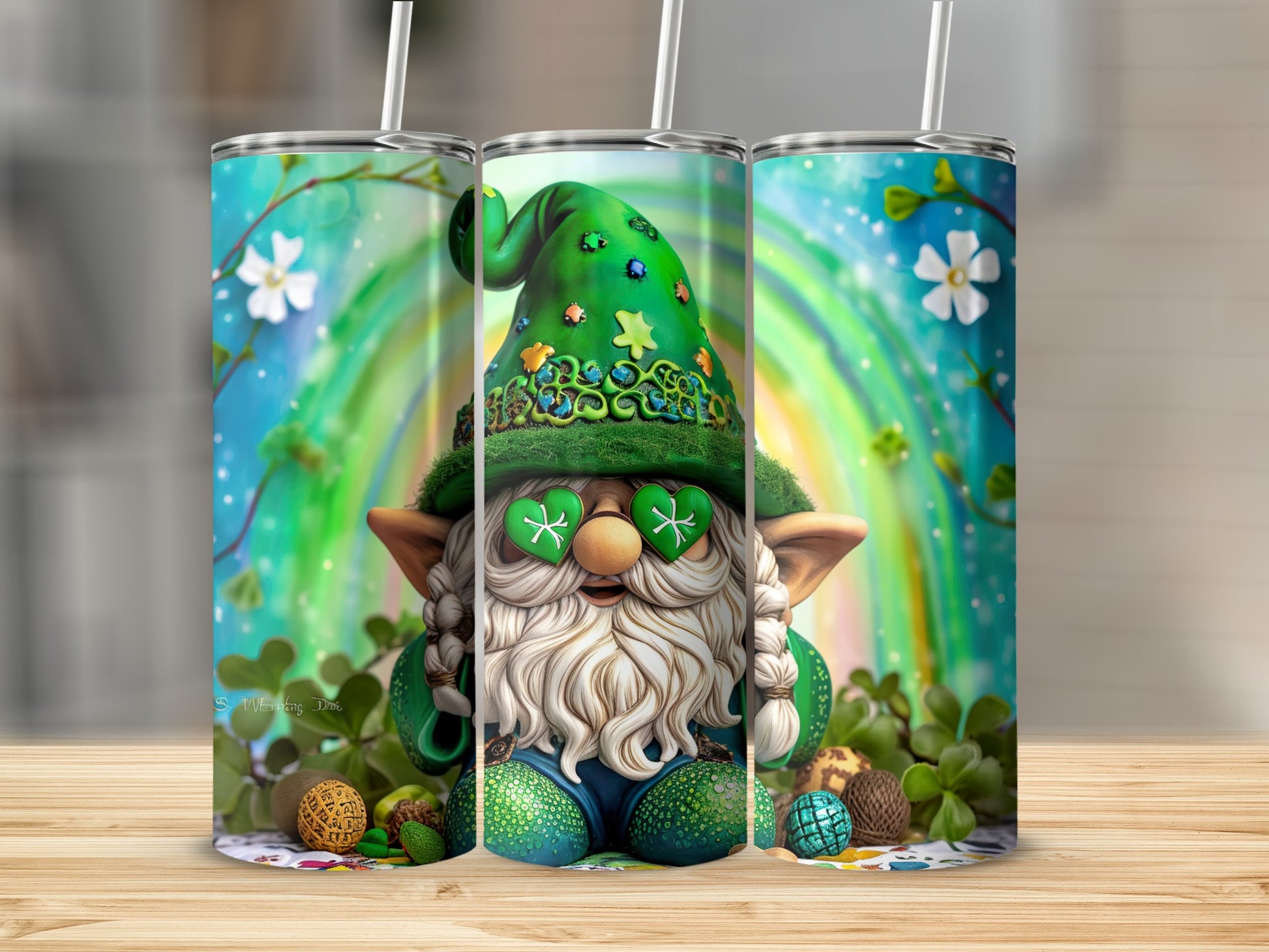 St. Patrick's Day gnome with shamrock glasses and rainbow background.