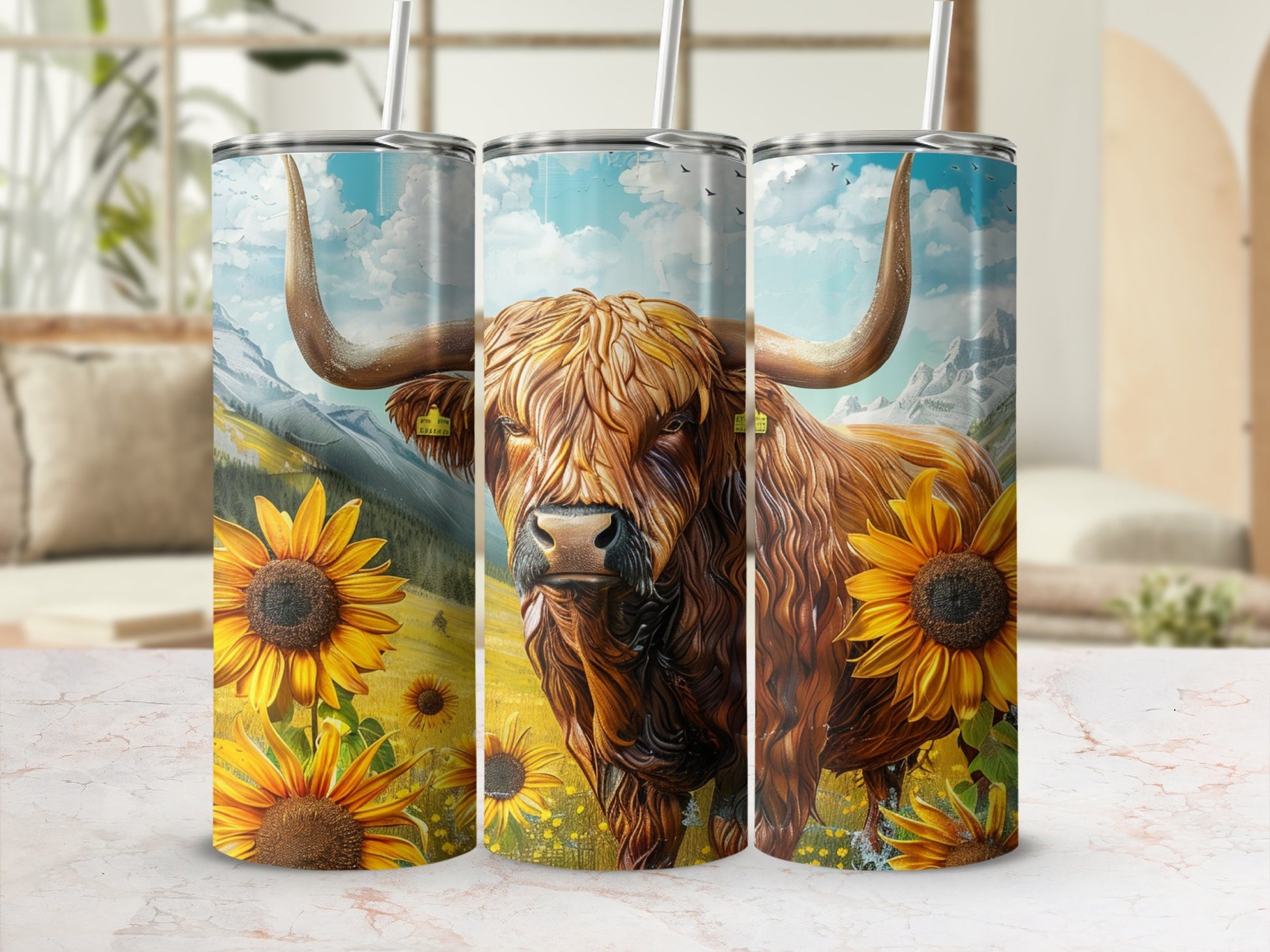 Highland cow with sunflowers and mountains, three tumblers shown.