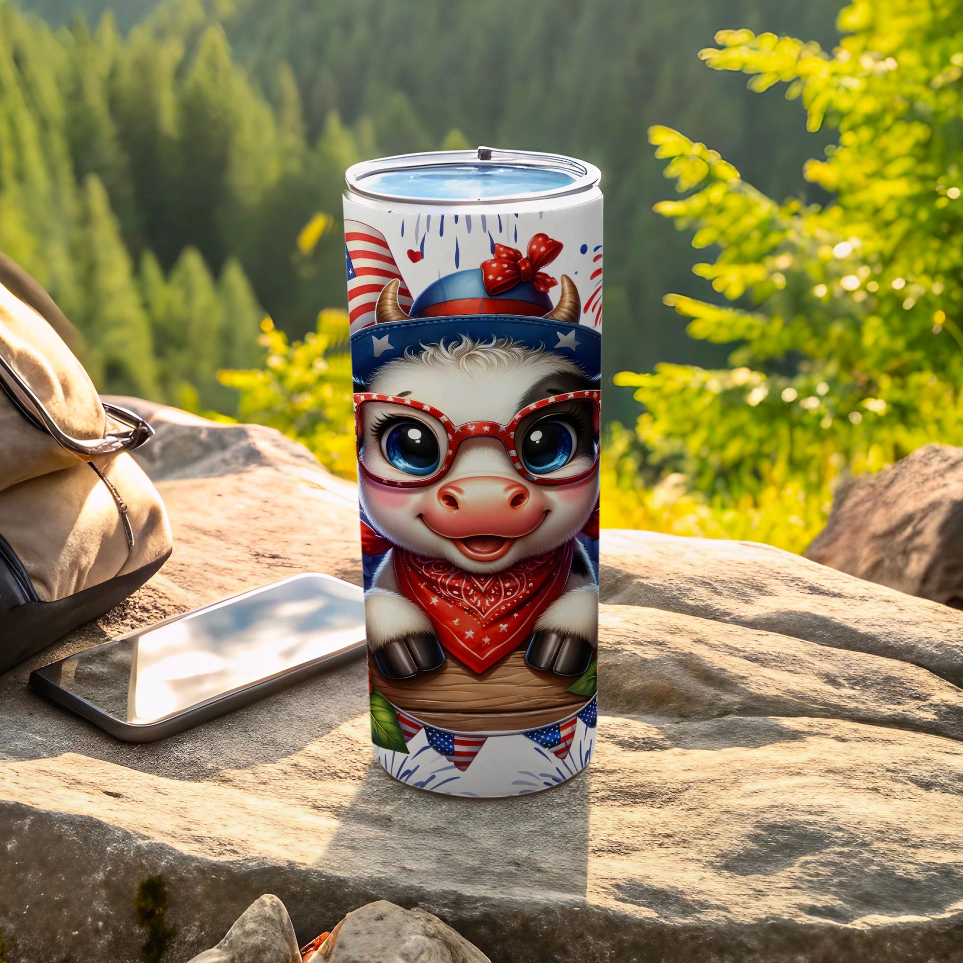 Cute cartoon cow in patriotic outfit on a tumbler.
