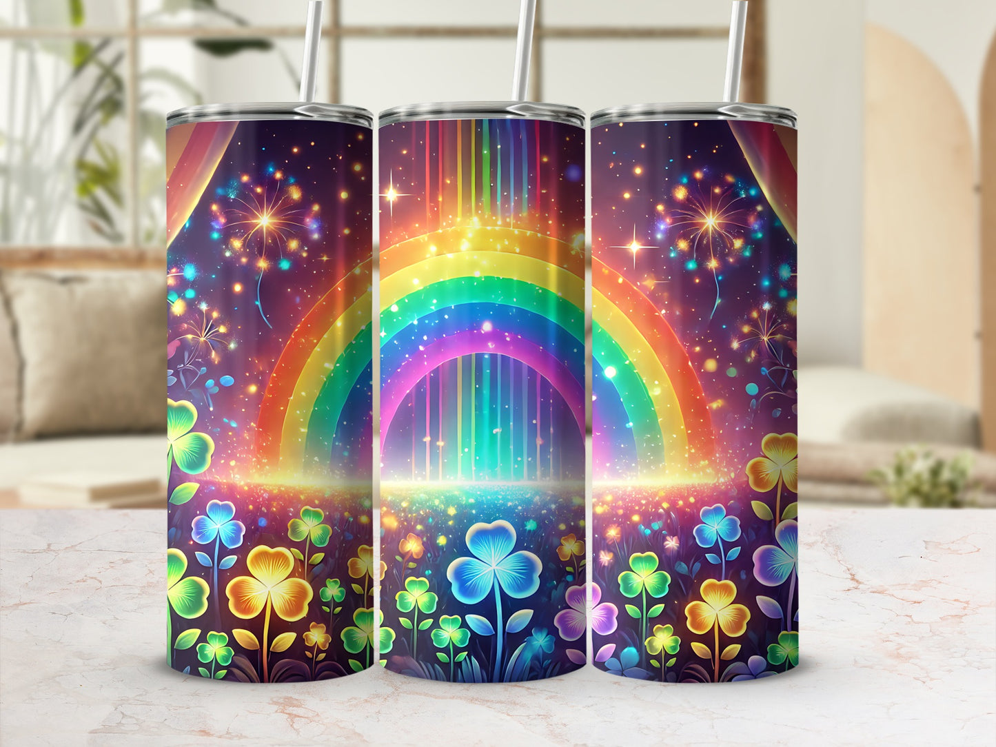 Rainbow and fireworks design on three tumblers with shamrock accents.