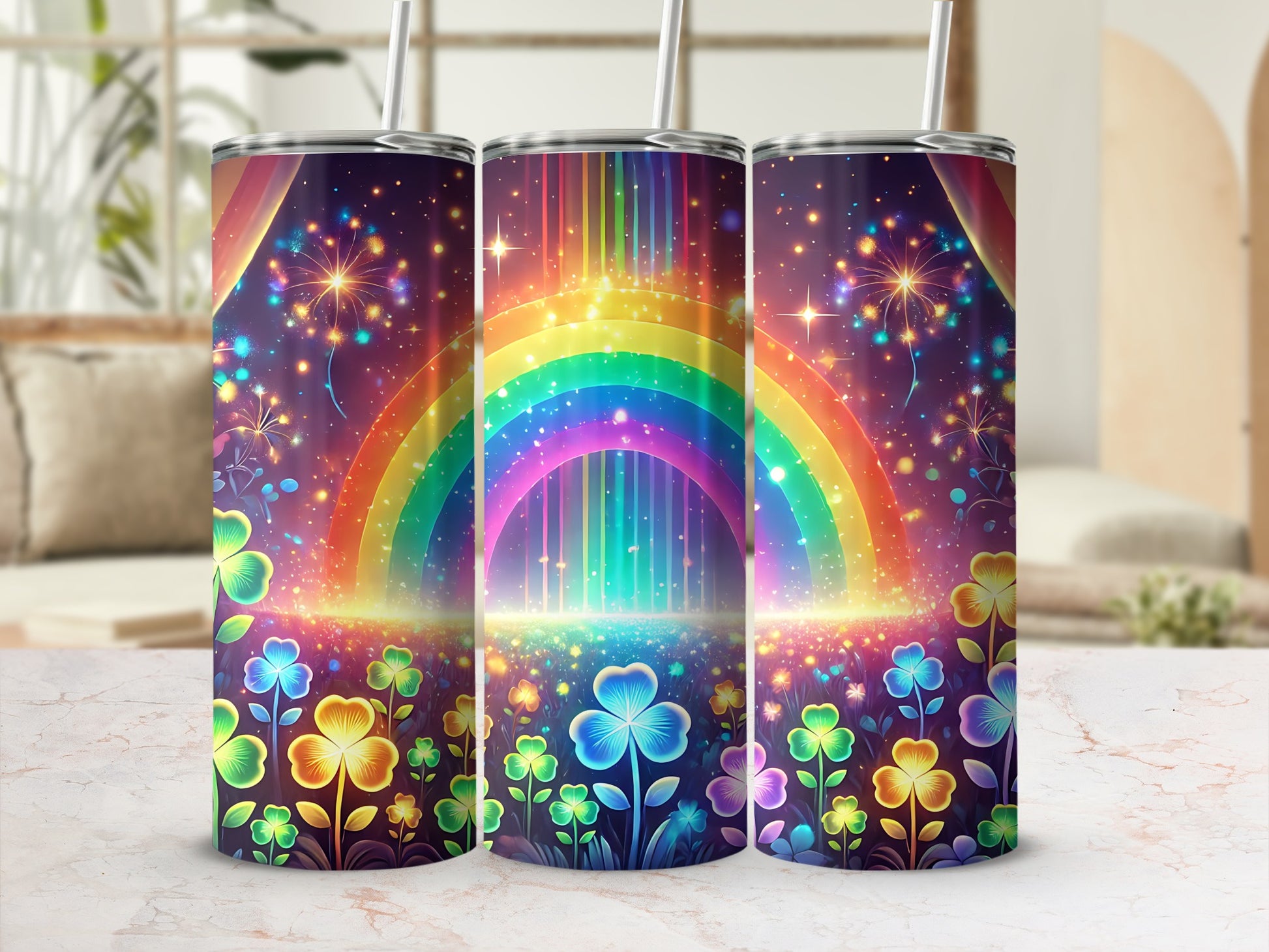Rainbow and fireworks design on three tumblers with shamrock accents.