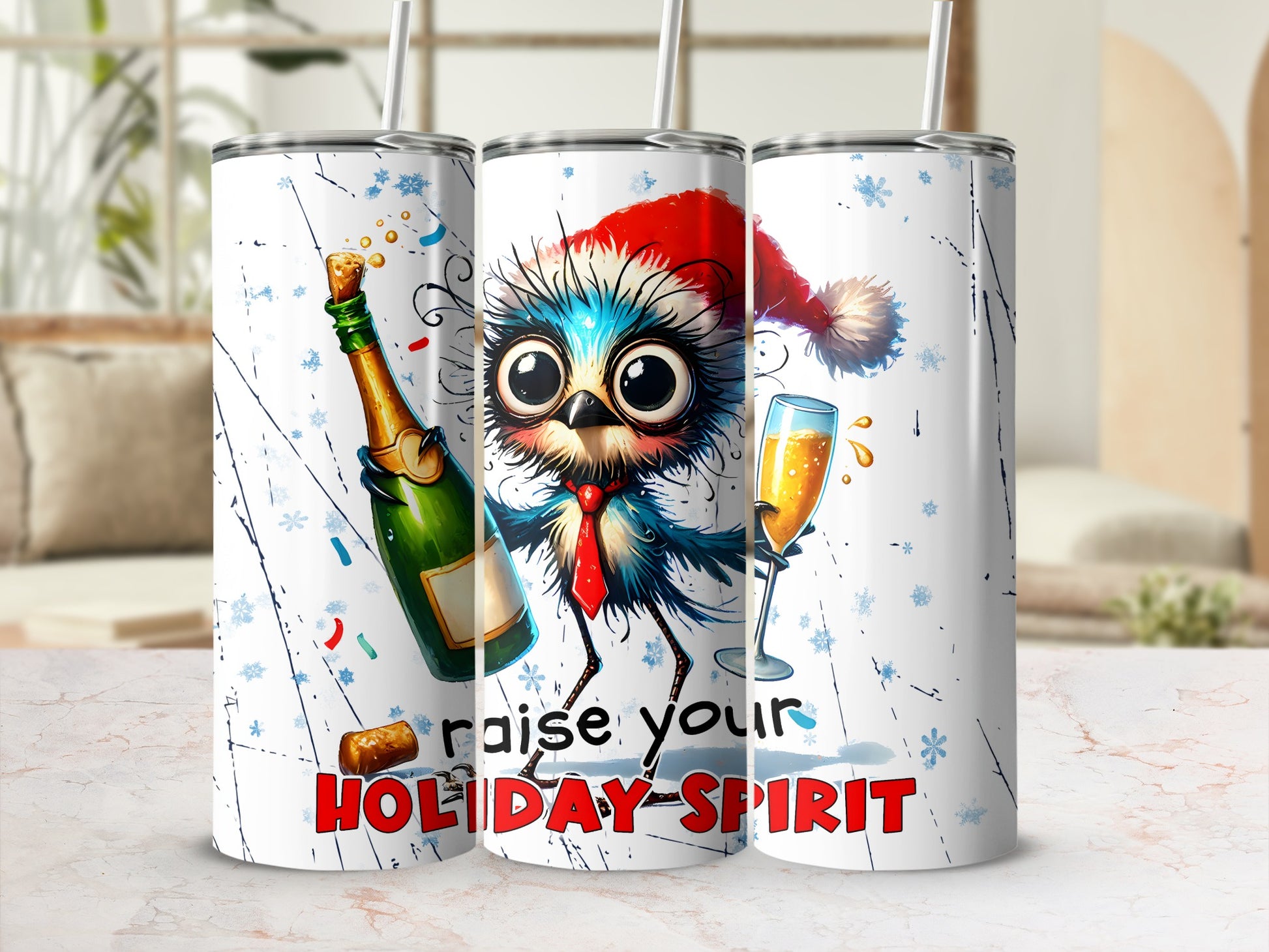 Festive bird in Santa hat with champagne bottle, raises holiday spirit tumbler.