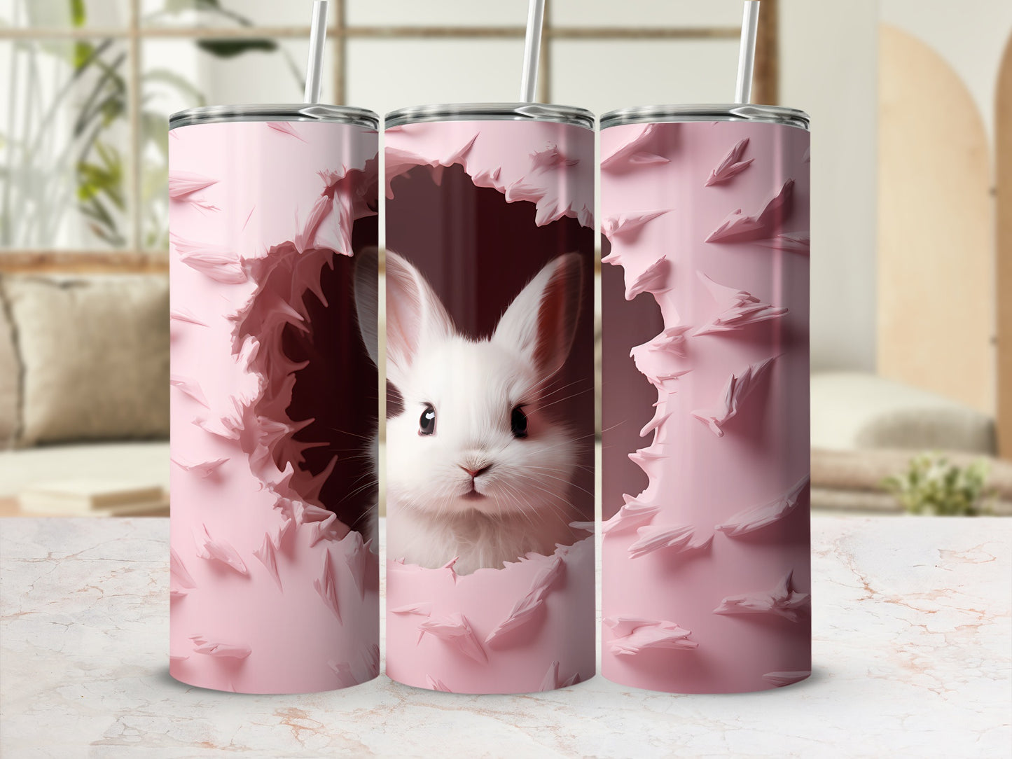 Cute Bunny Peeking Through Pink Wall Tumbler Cup
