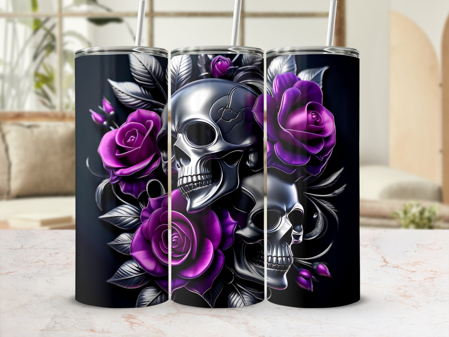 Three tumblers with silver skulls and purple roses on a black background.