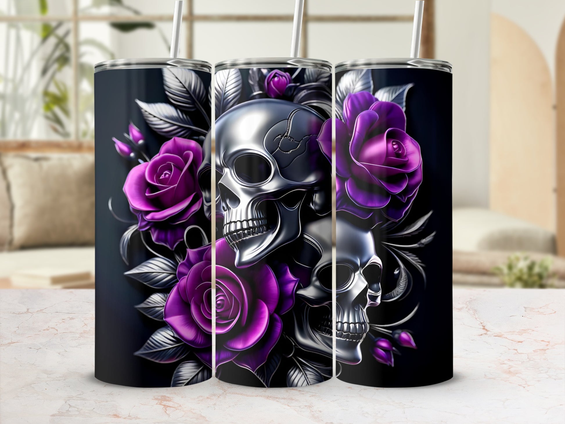 Three tumblers with silver skulls and purple roses on a black background.