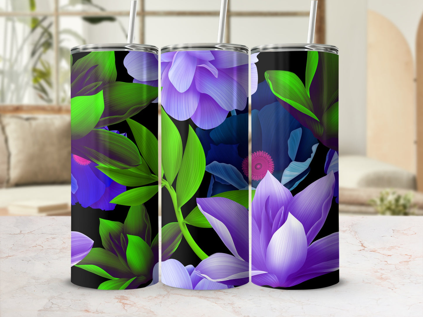 Floral Insulated Tumbler with Straw for Hot or Cold Drinks