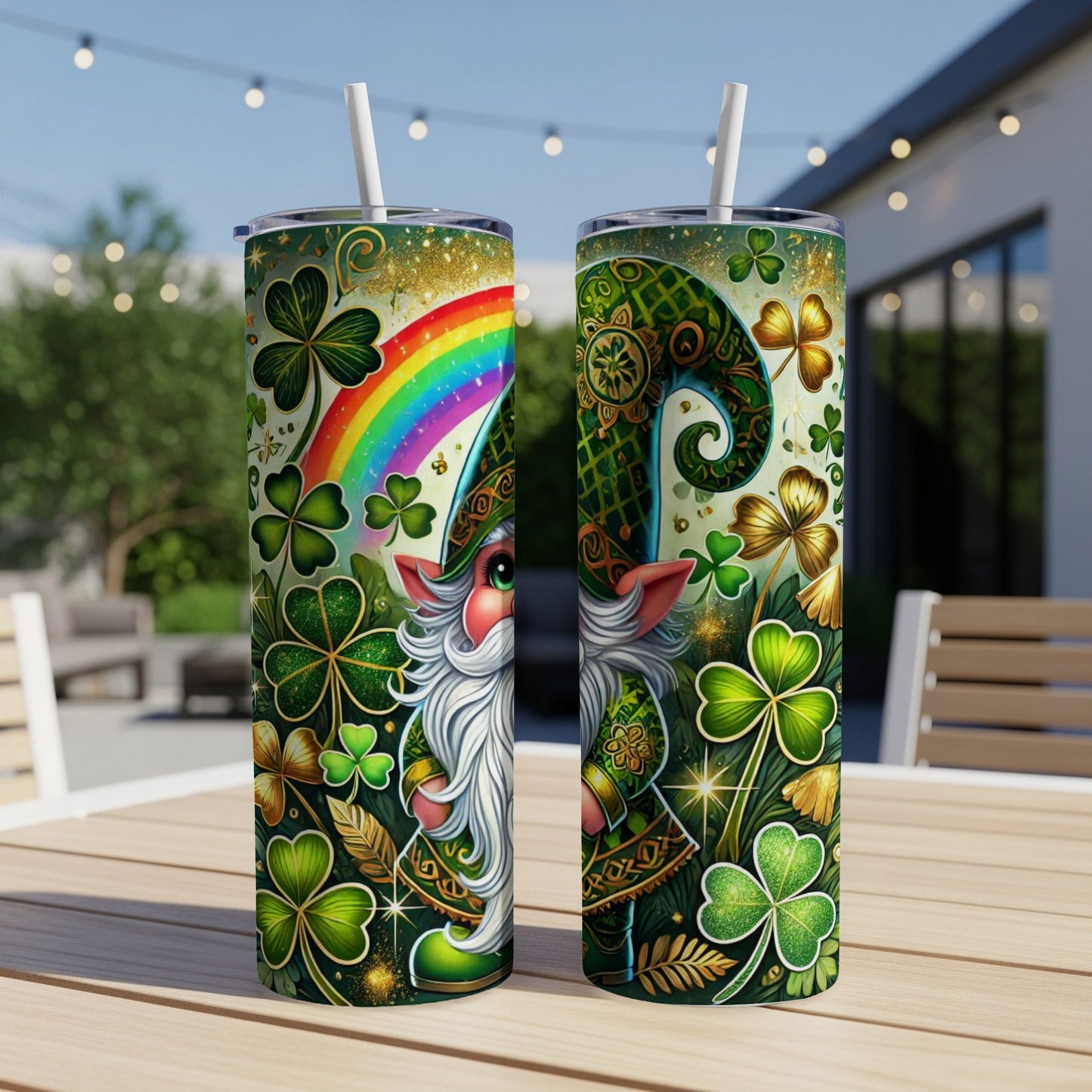 Two St. Patrick's Day tumblers with leprechaun and shamrock designs.