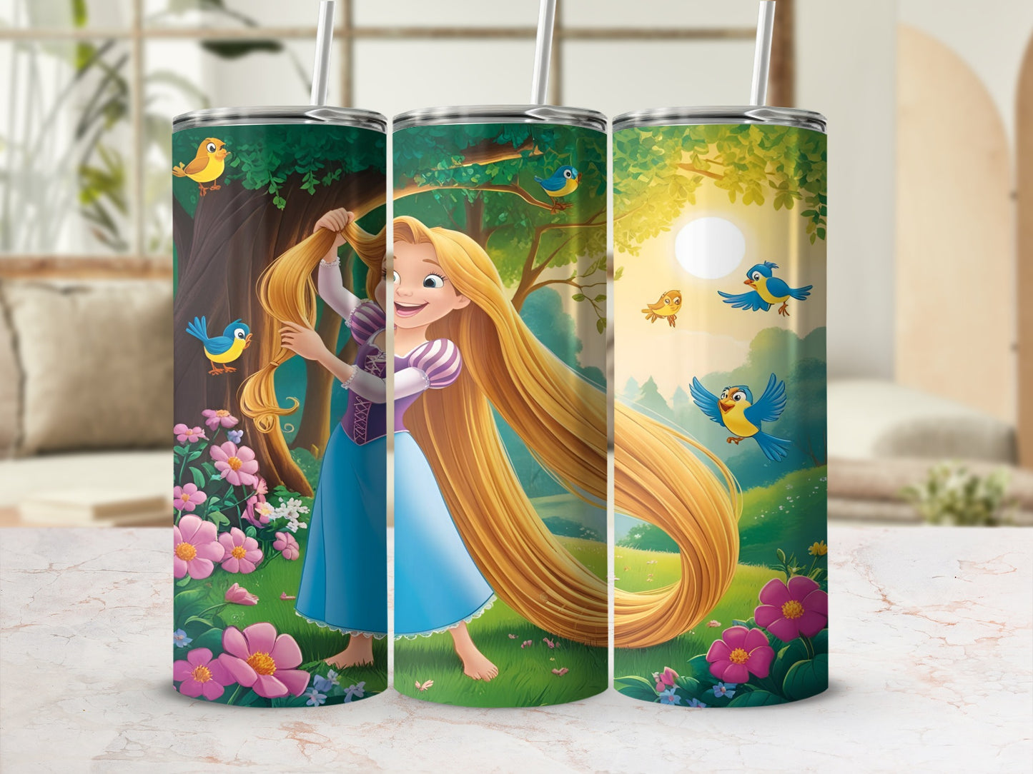 Rapunzel with long blonde hair and birds, surrounded by flowers.