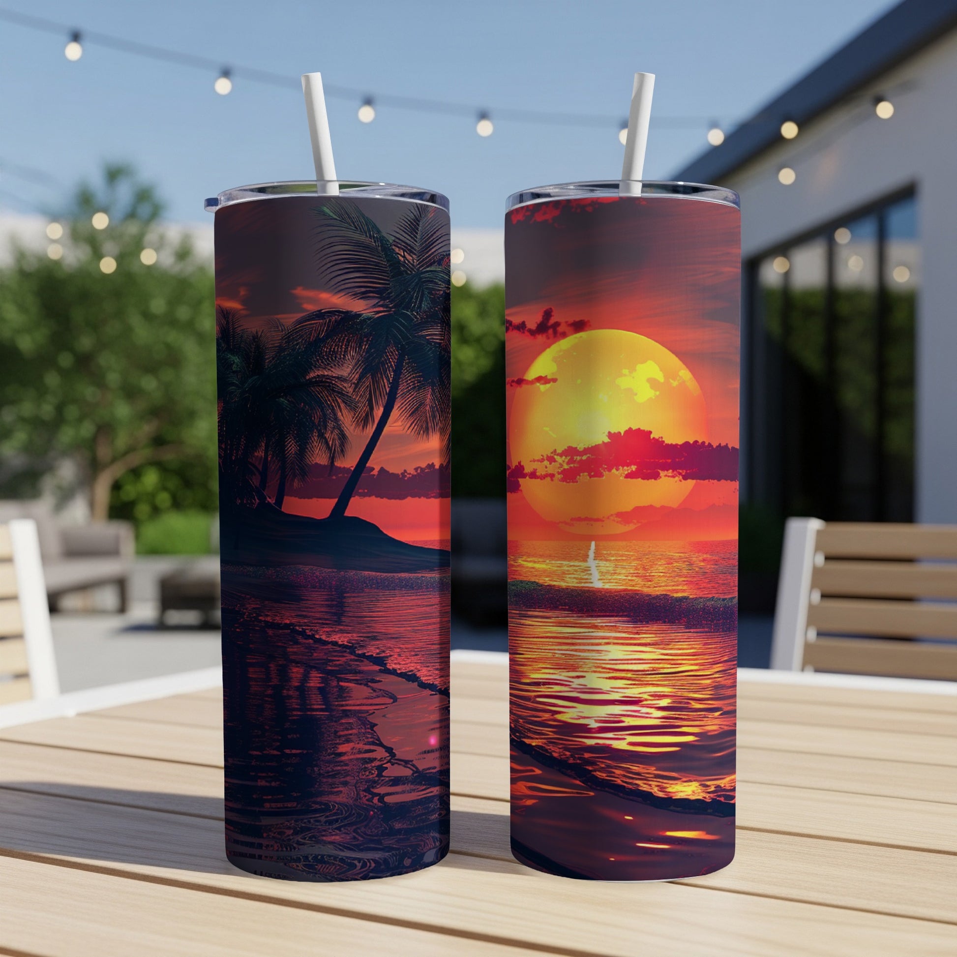 Two tumblers with a sunset beach scene and palm trees.