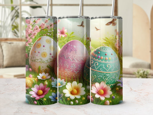 Three decorative Easter eggs with floral patterns on a marble surface.