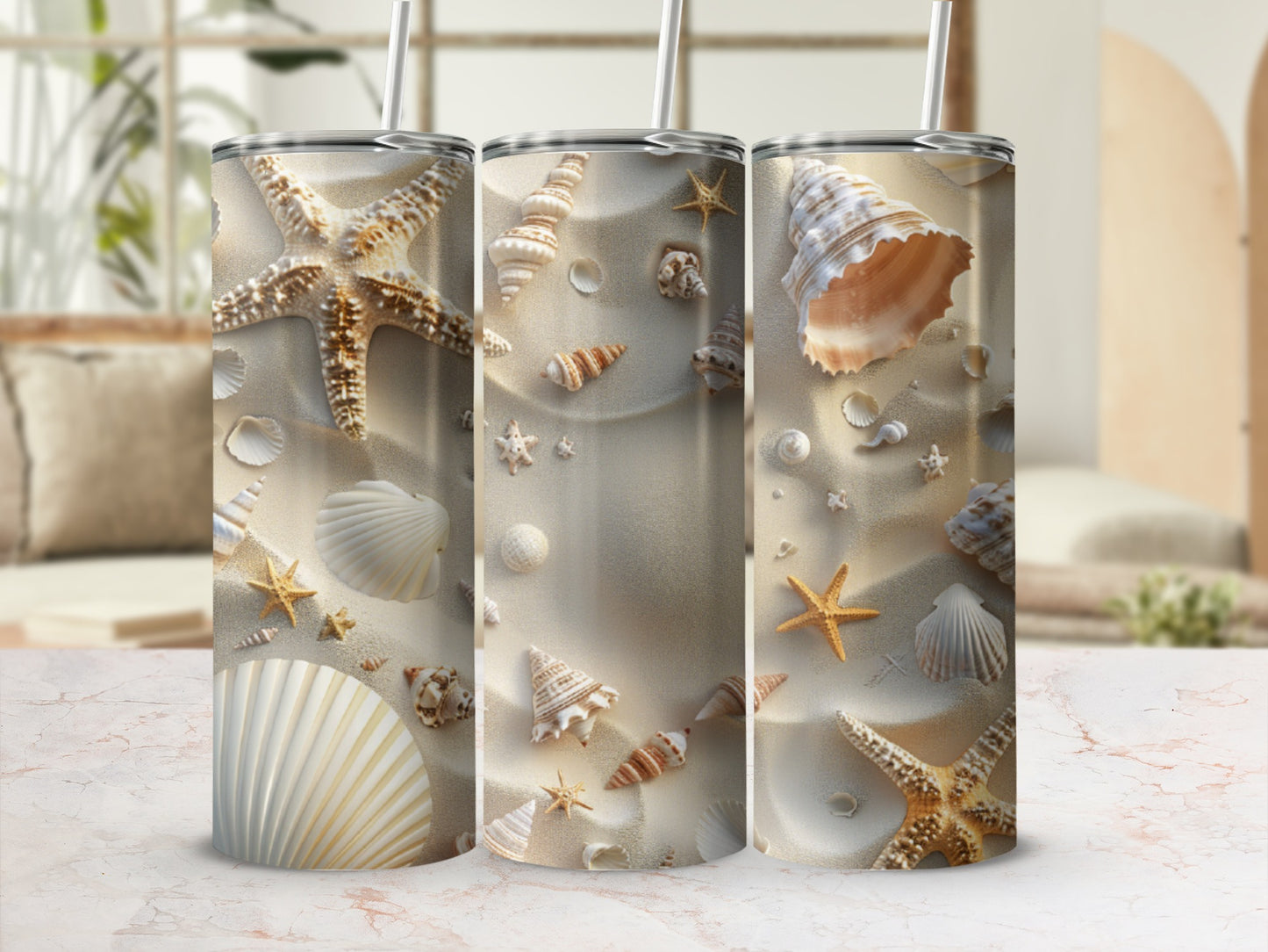 Beach scene tumbler with seashells and starfish.
