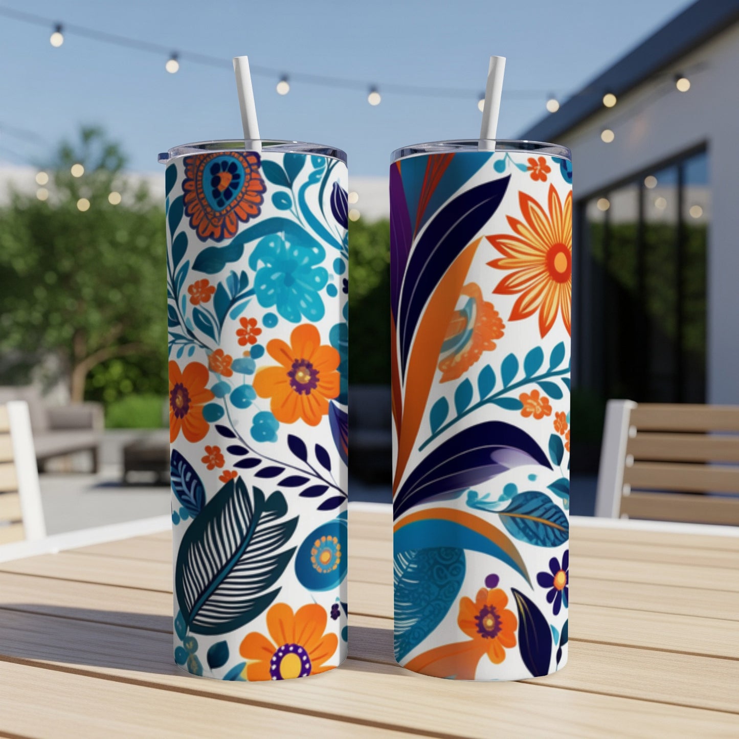 Two tall tumblers with colorful floral and leaf patterns on a wooden table.