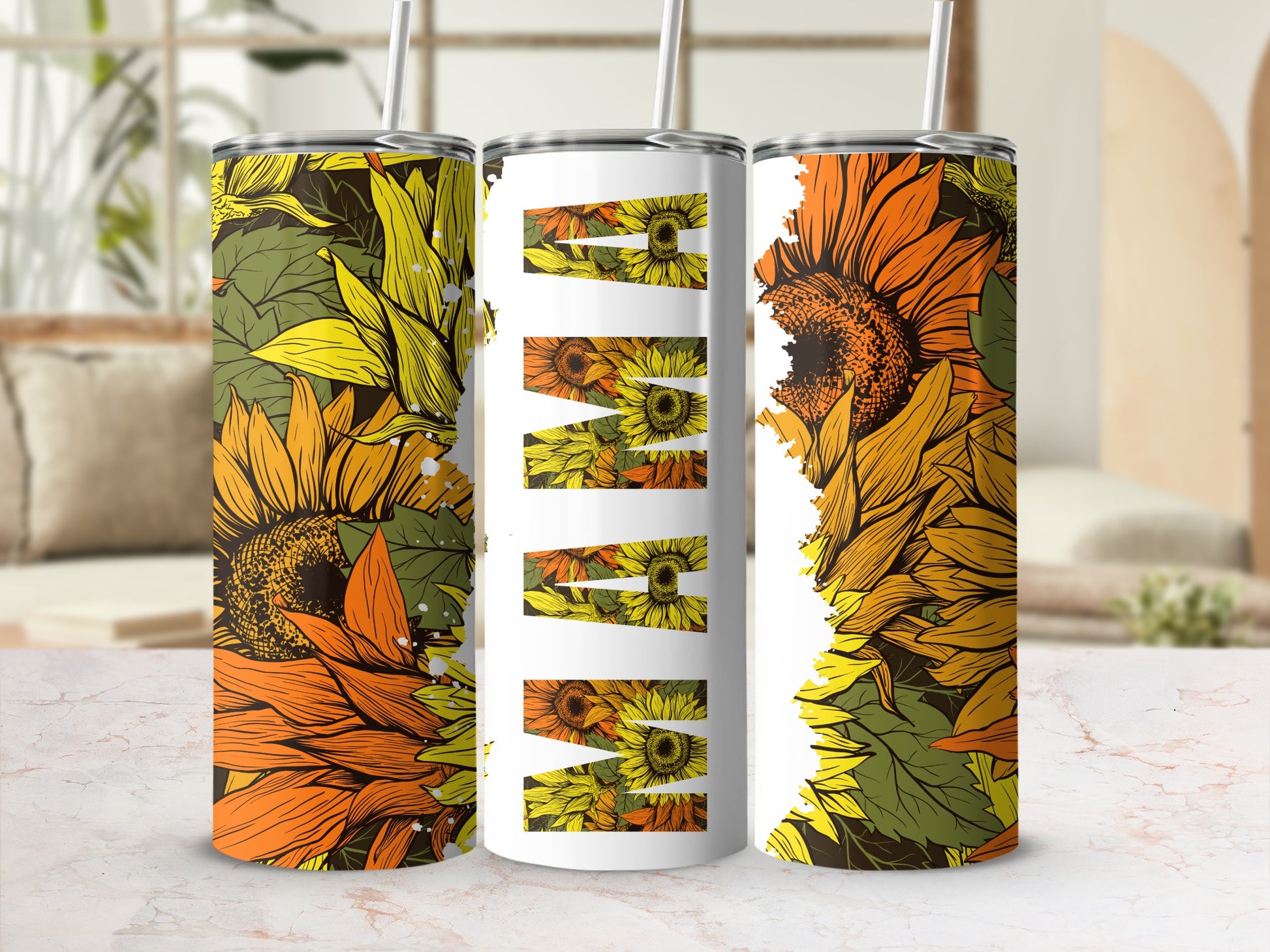 Vibrant Sunflower Print Tumbler With Straw Stainless