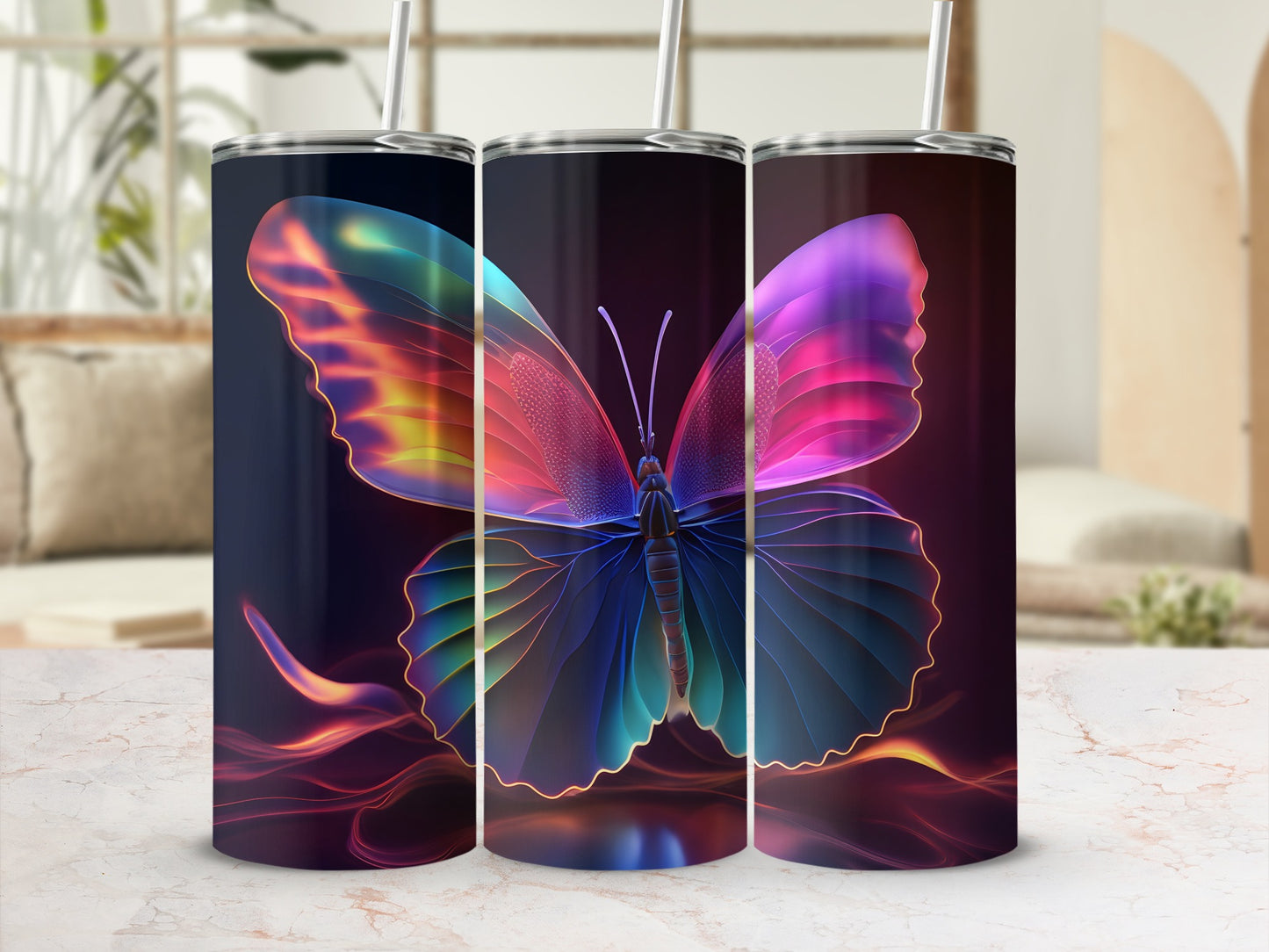 Three tumblers featuring a colorful, iridescent butterfly design.
