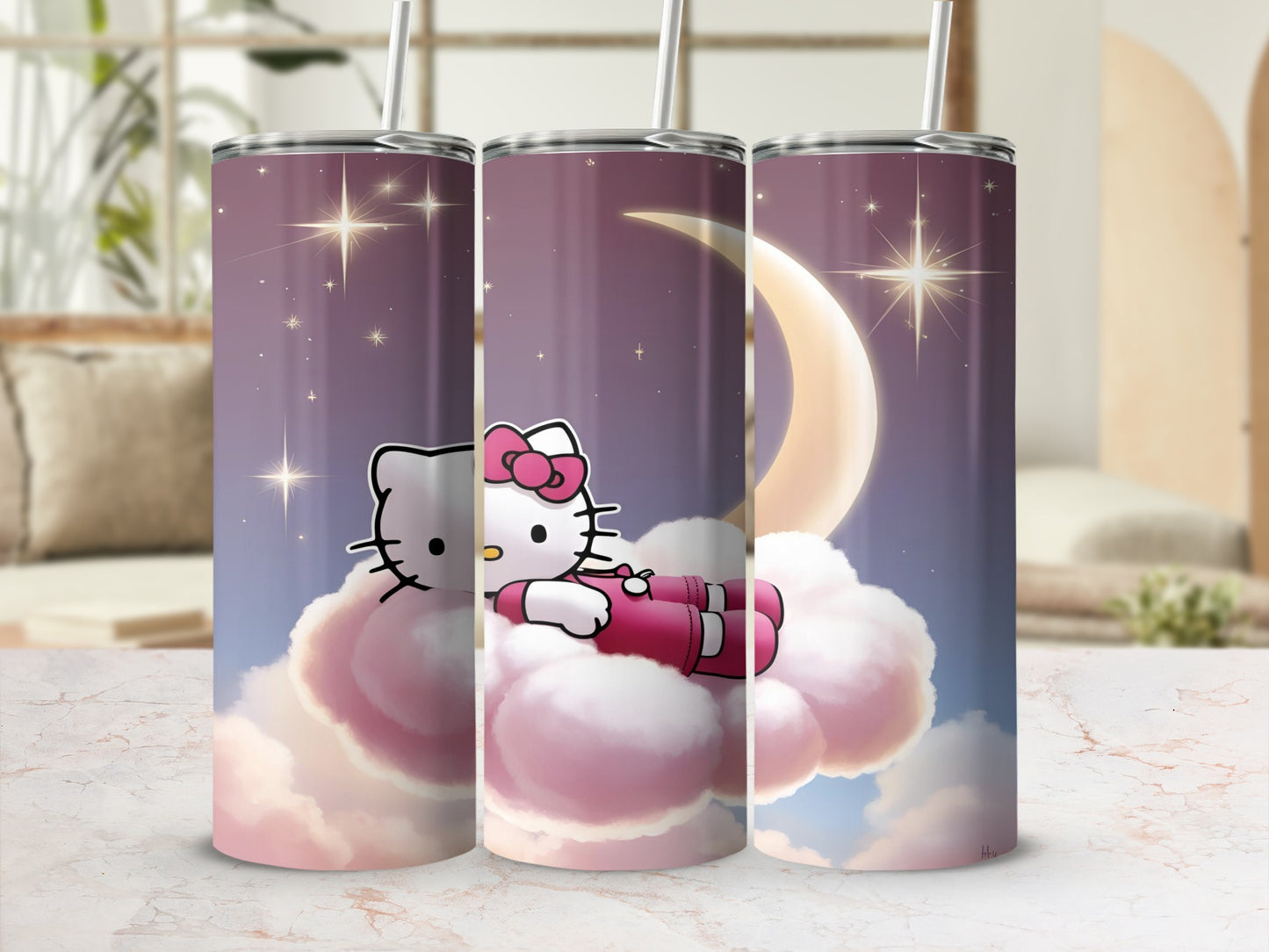Hello Kitty relaxing on clouds under a crescent moon and stars.