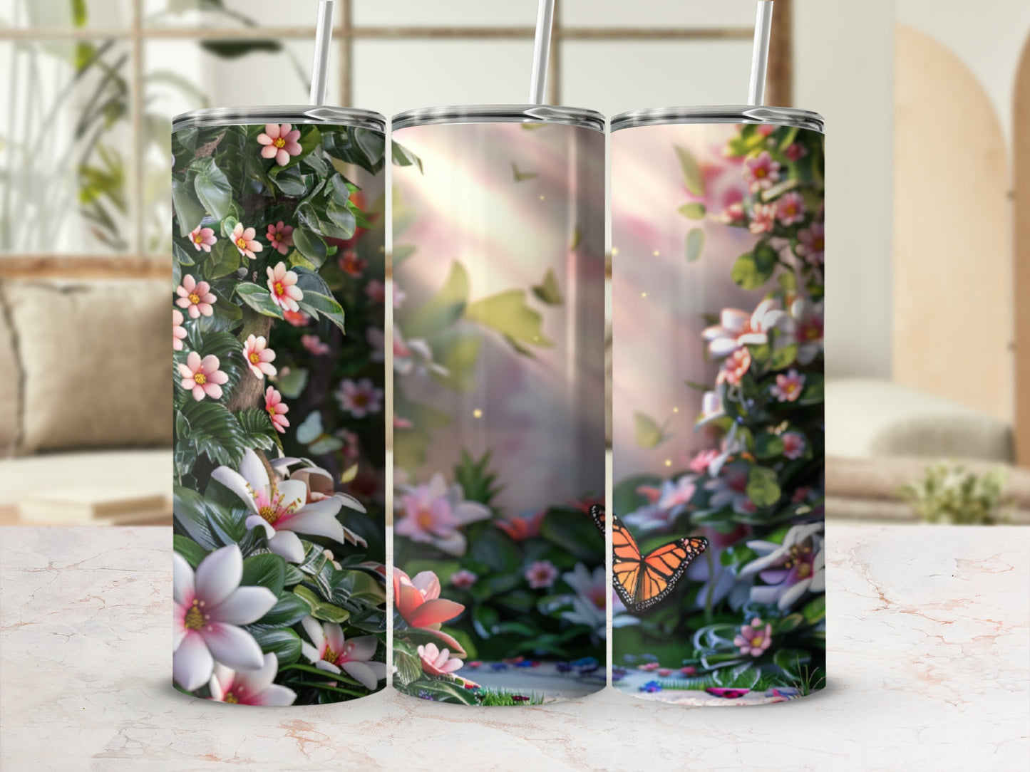 Floral tumbler with butterflies, soft lighting, and a wooden bench.
