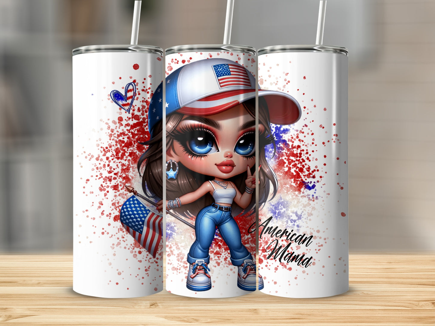 Chibi girl in patriotic hat and jeans holding American flag, "American Mama" text.