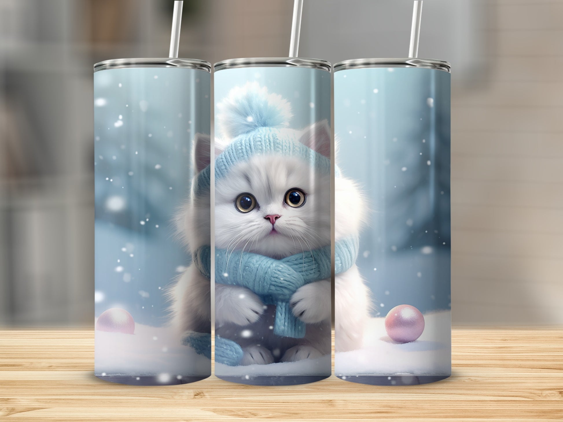 Adorable Cat in Blue Scarf Winter Tumbler