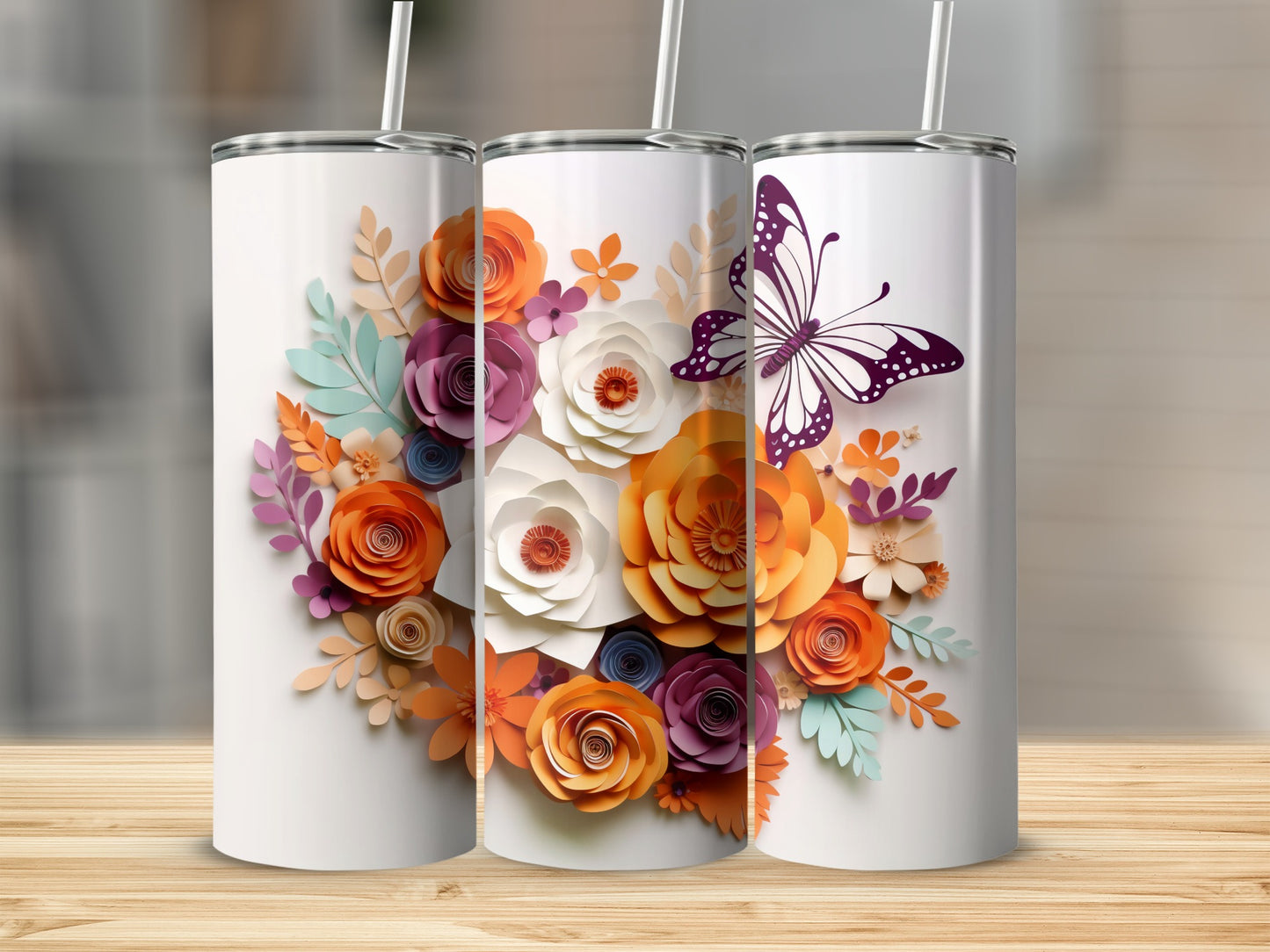 Colorful Floral and Butterfly Design Tumbler Product
