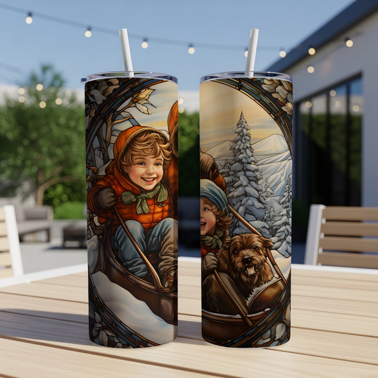 Children and dog in sled, festive winter scene, on a tumbler.