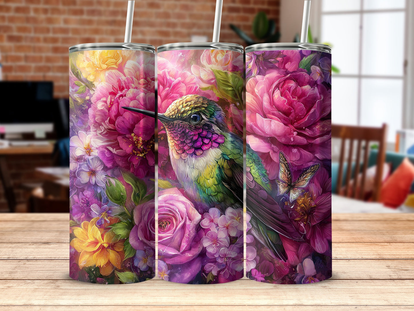 Vibrant floral hummingbird design tumbler product
