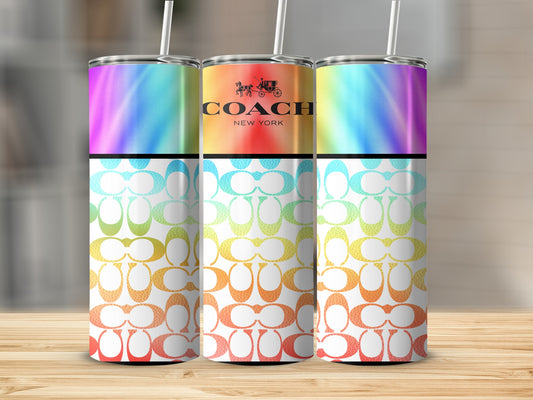 Three tumblers with Coach logo and a rainbow gradient design.