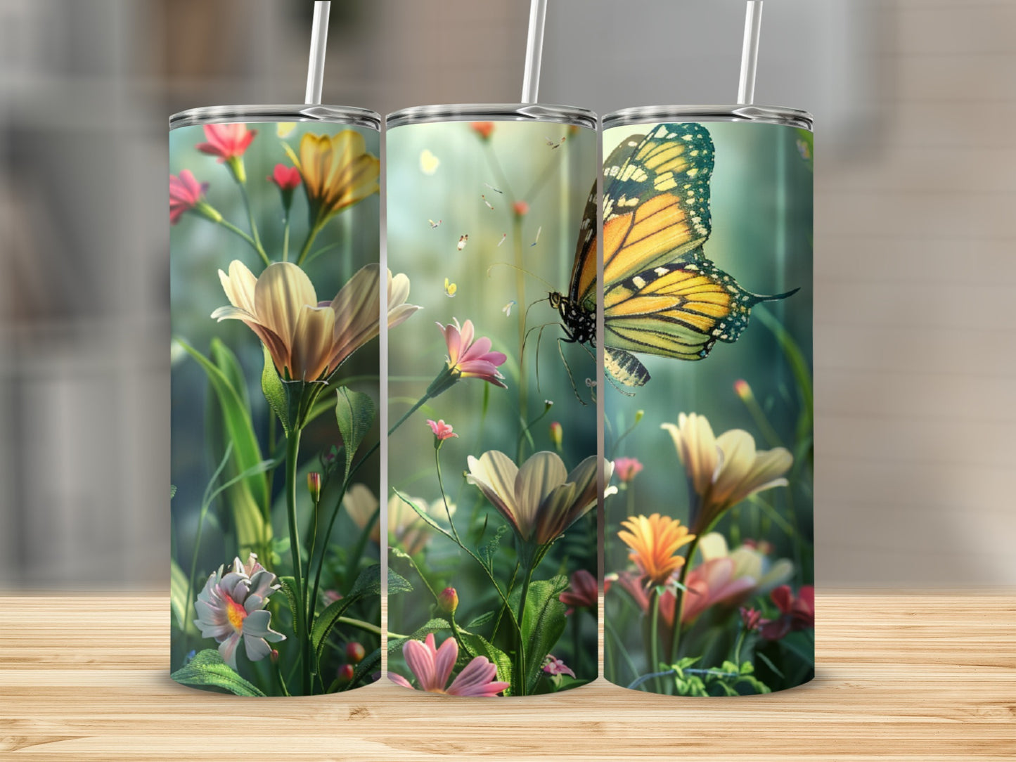 Three tumblers with a close-up butterfly and floral design.
