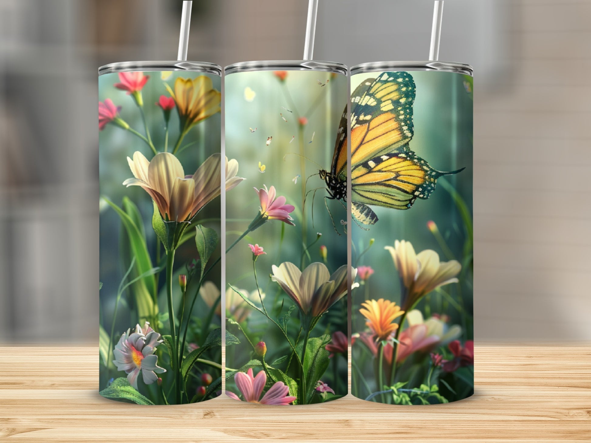 Three tumblers with a close-up butterfly and floral design.
