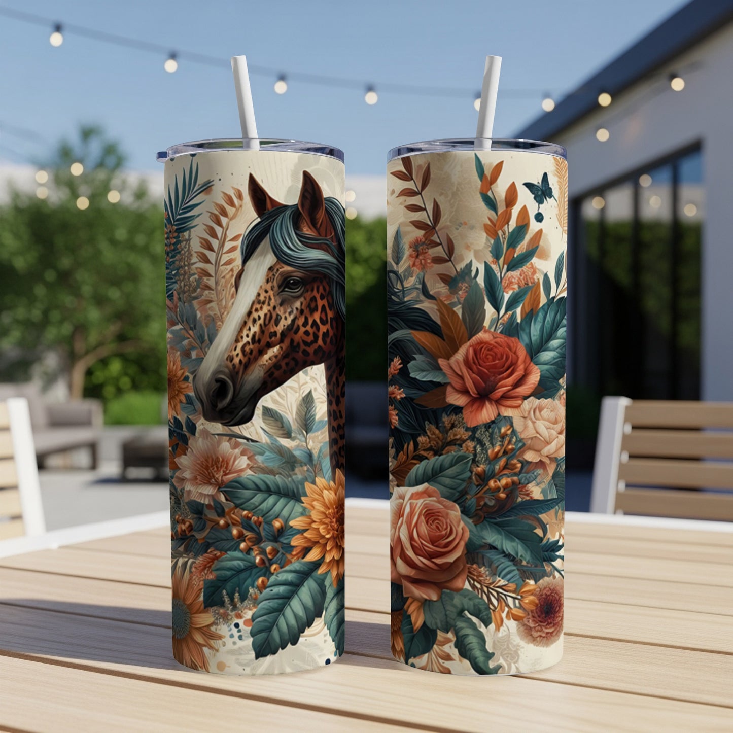 Two tumblers with a horse and floral design on an outdoor table.