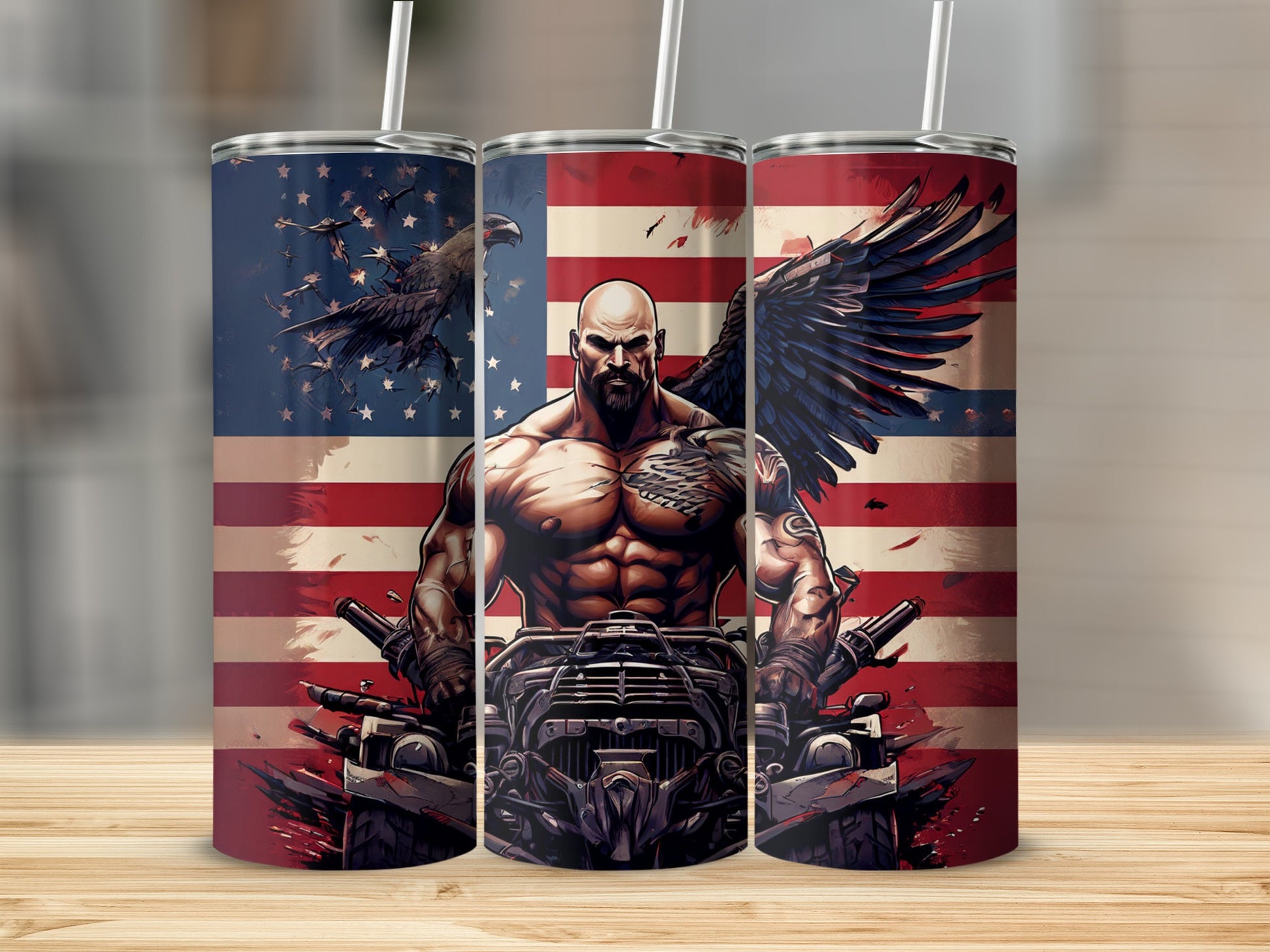 Muscular man with wings on a motorcycle against an American flag.