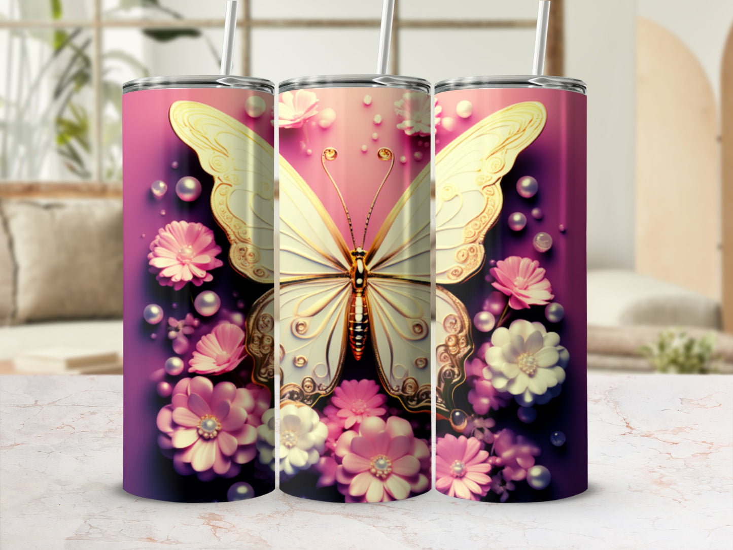 Pink tumbler with white butterfly and floral design.