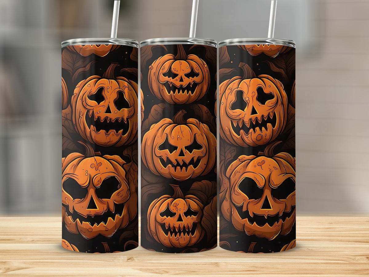 Three tumblers with a spooky jack-o'-lantern Halloween pattern.