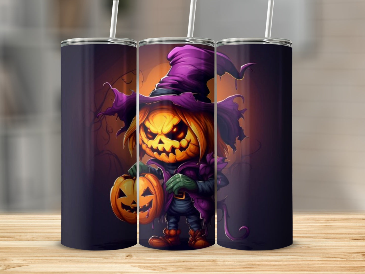 Three tumblers feature a cartoon pumpkin character in a witch's hat.