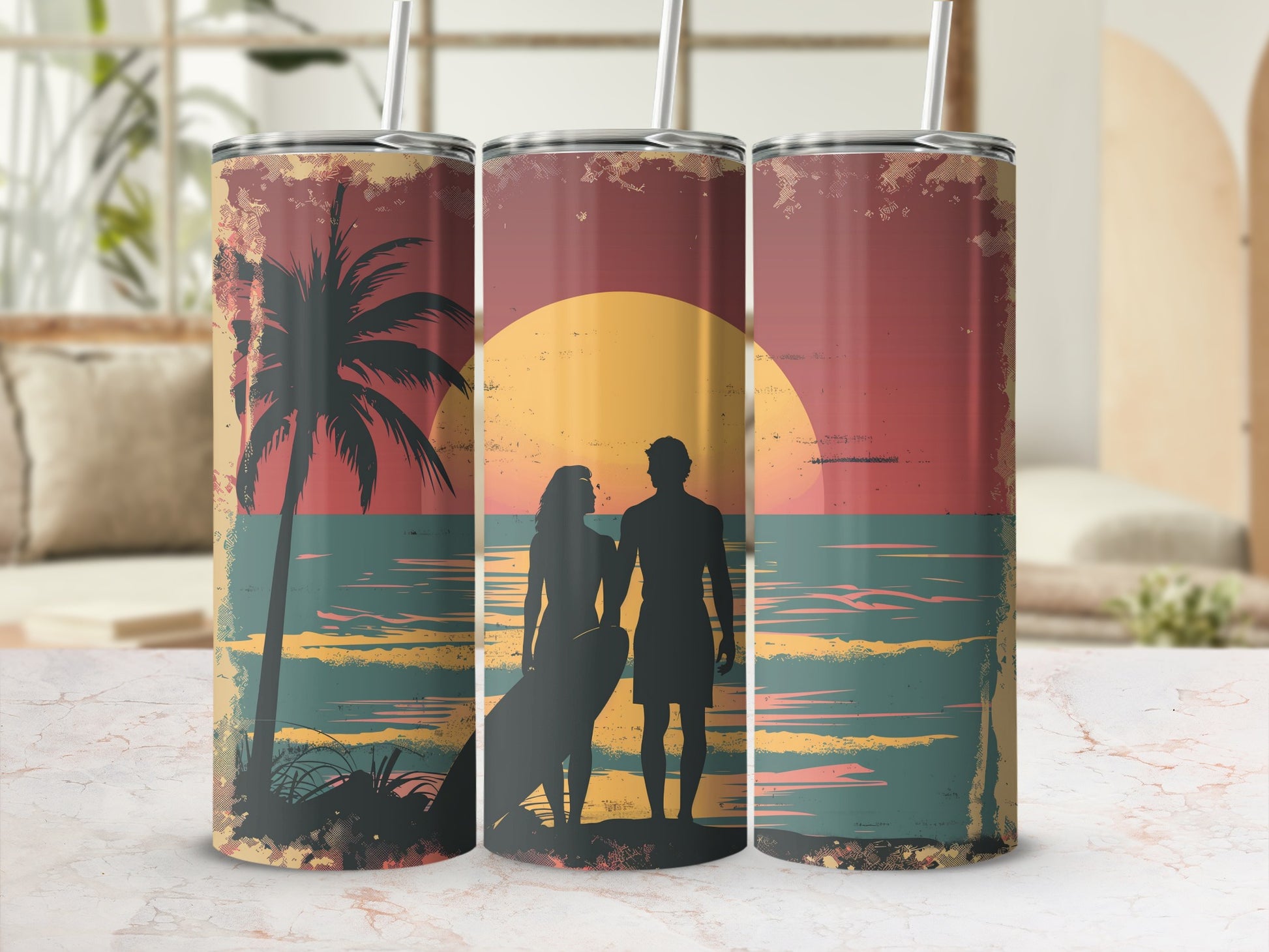 Couple silhouetted on beach watching sunset with surfboard.
