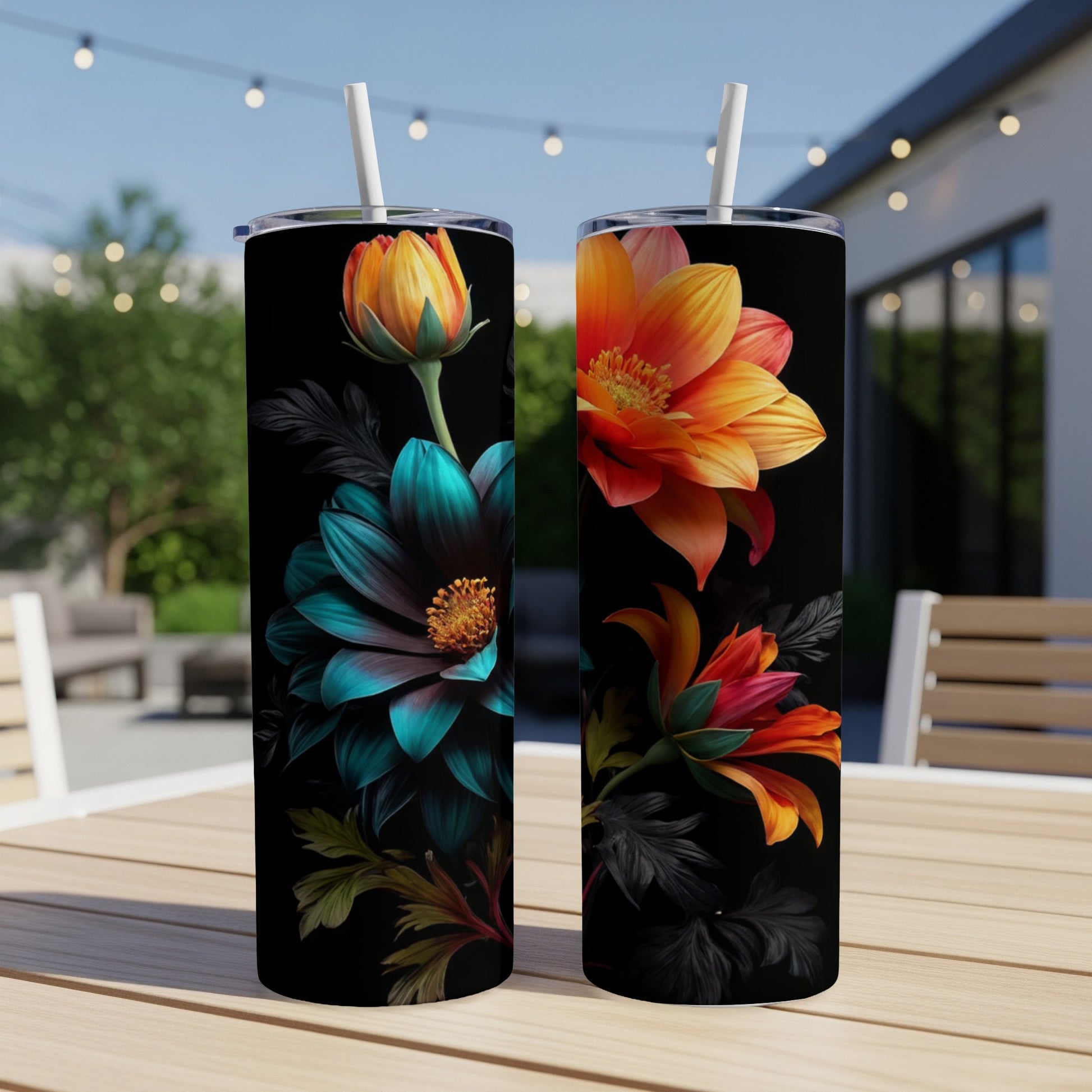Two tall tumblers featuring vibrant floral designs on a dark background.
