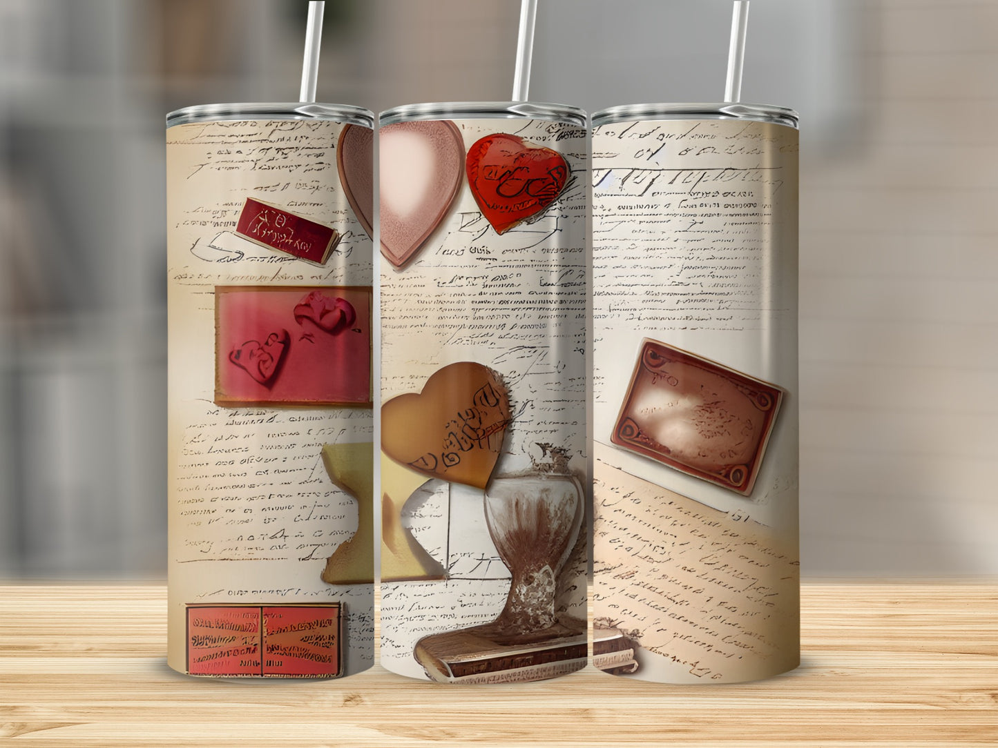 Valentine's Day themed tumbler with hearts, scrolls, and antique desk elements.