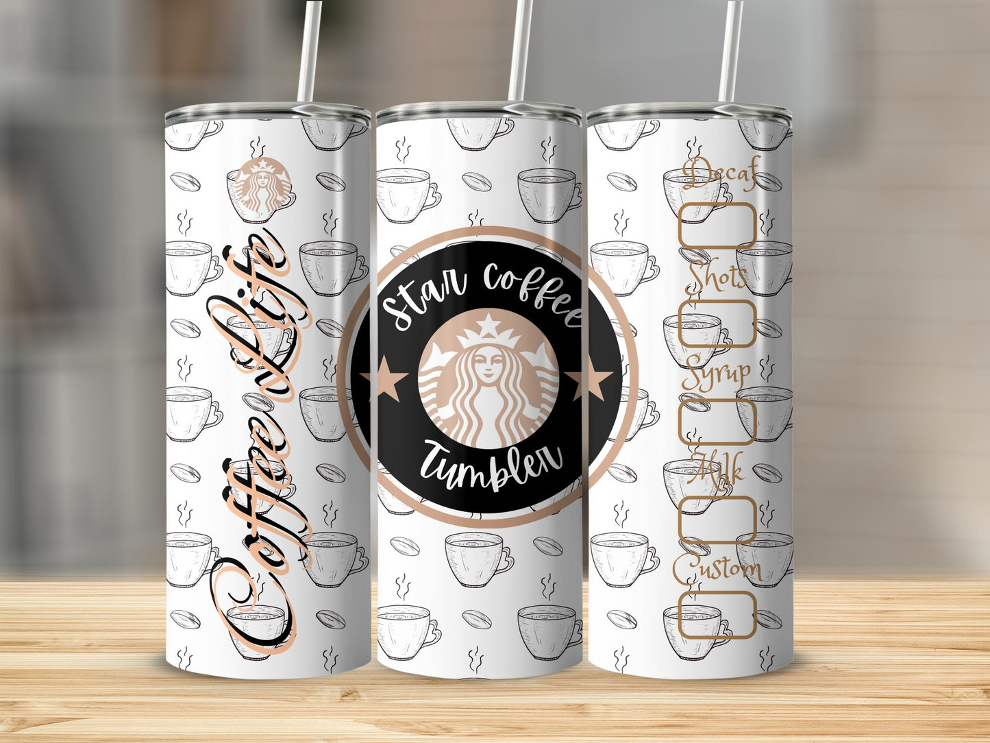 Custom Star Coffee Tumbler with Cafe Illustrations Drinkware