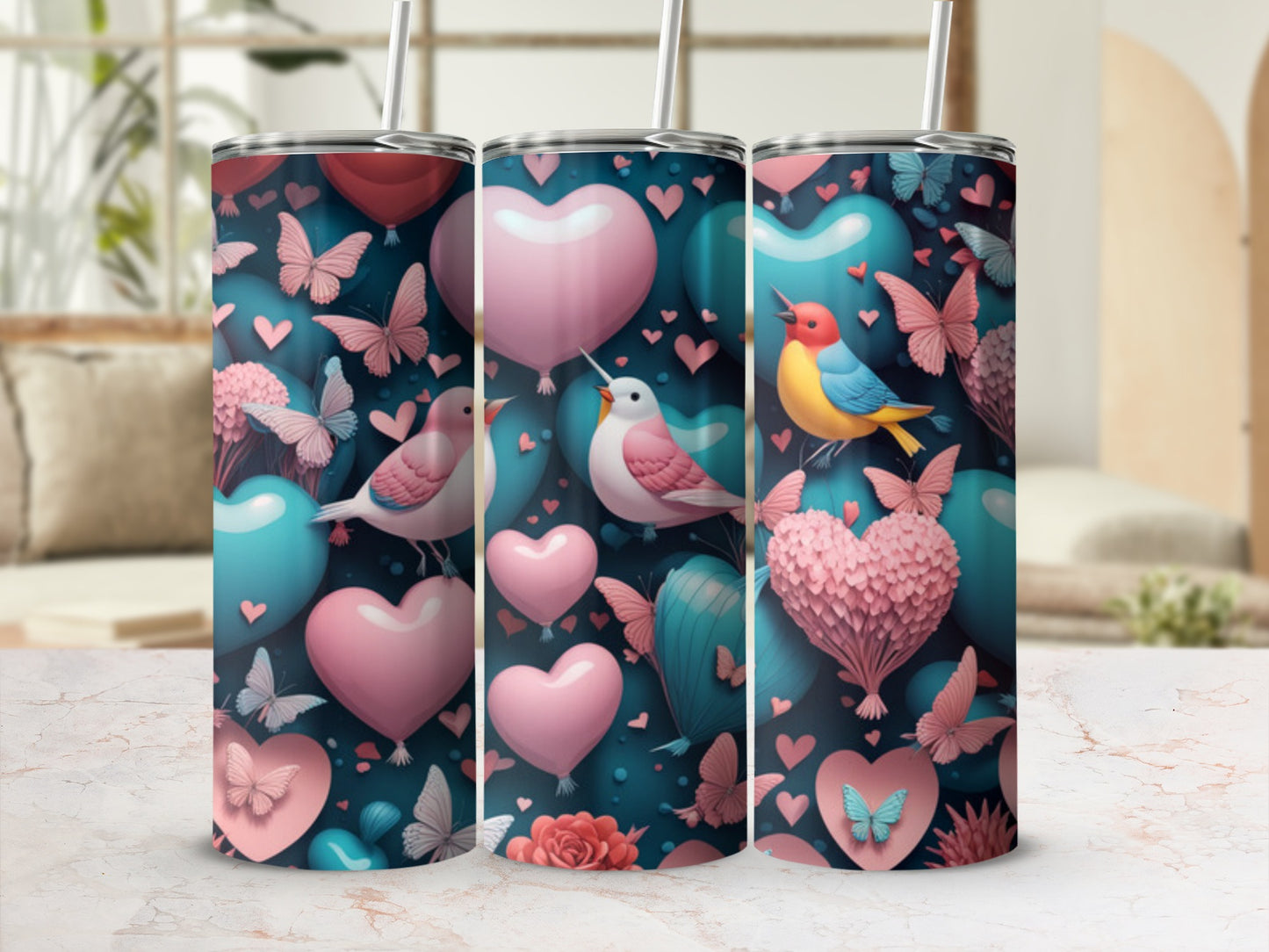 Pink and blue hearts, butterflies, and birds adorn a 30 oz tumbler.
