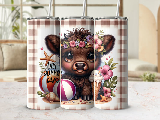 Cute cow with flowers, seashells, beach ball, and ice cream cone.
