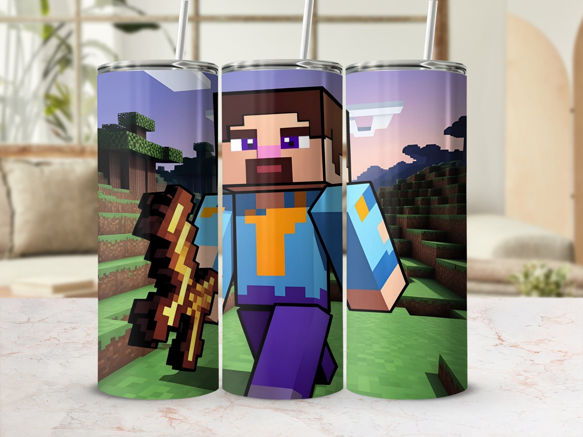 Steve from Minecraft holding a golden sword in a pixelated landscape.