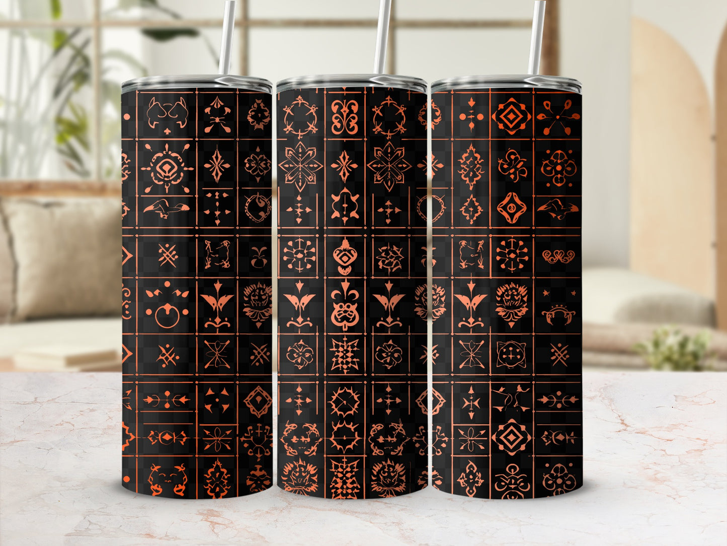 Elegant Black and Orange Patterned Tumbler Set