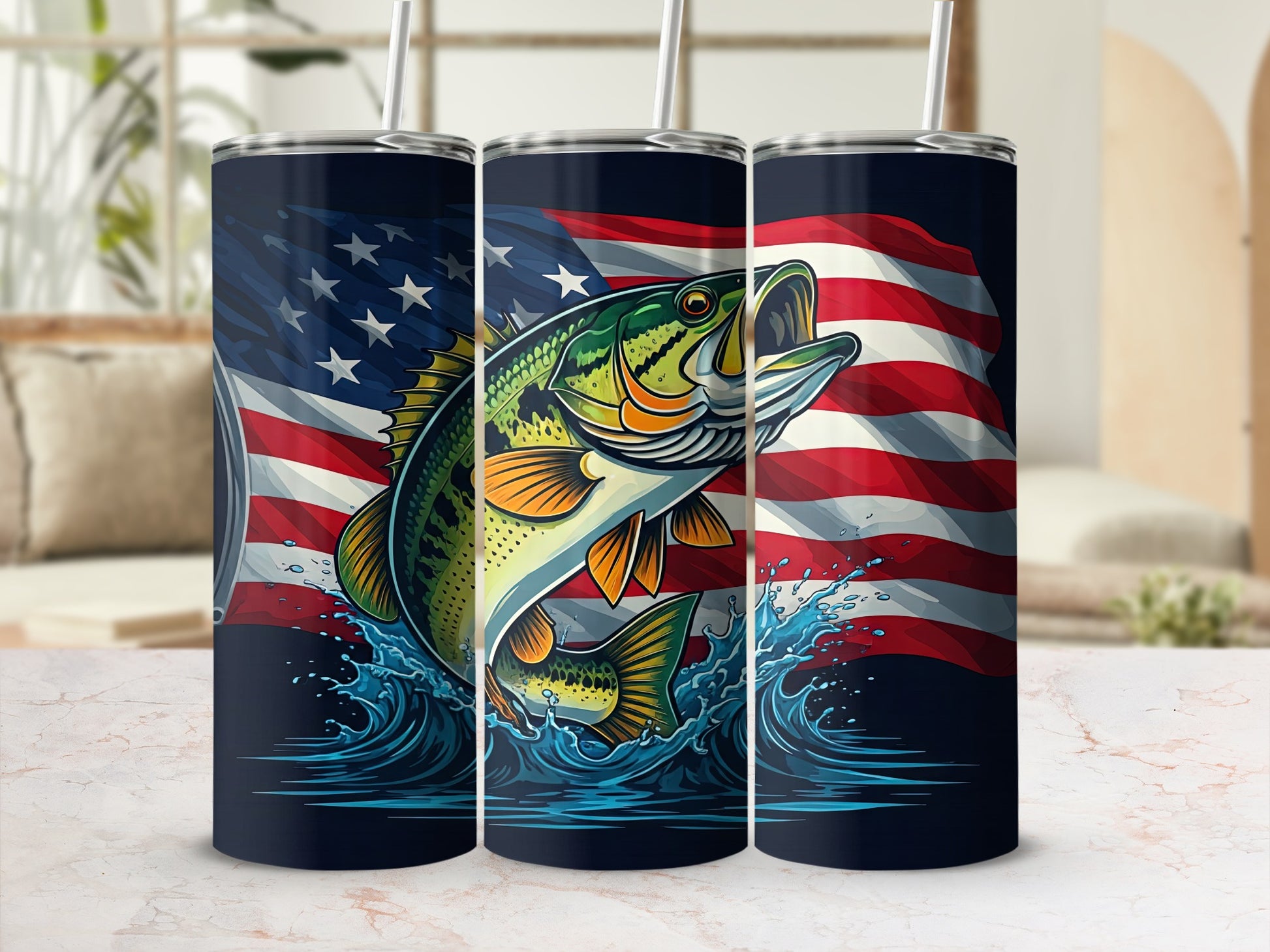 Bass fish jumping from water with American flag background on tumblers.