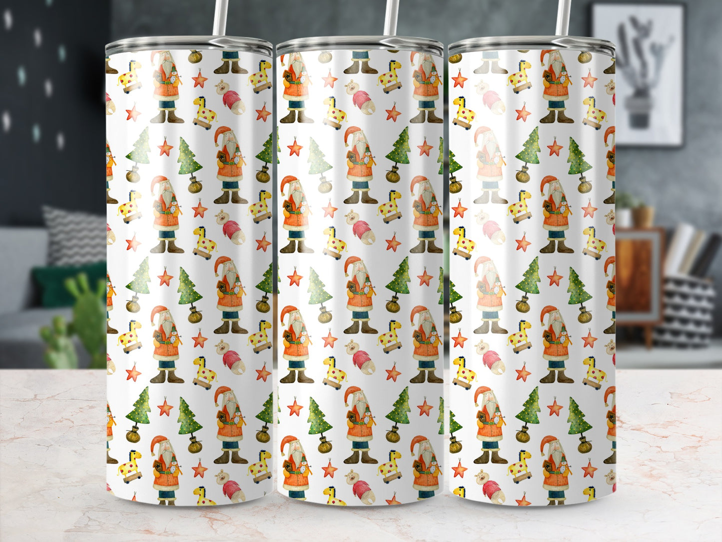 Three tumblers with a repeating Christmas pattern of gnomes, trees, and stars.