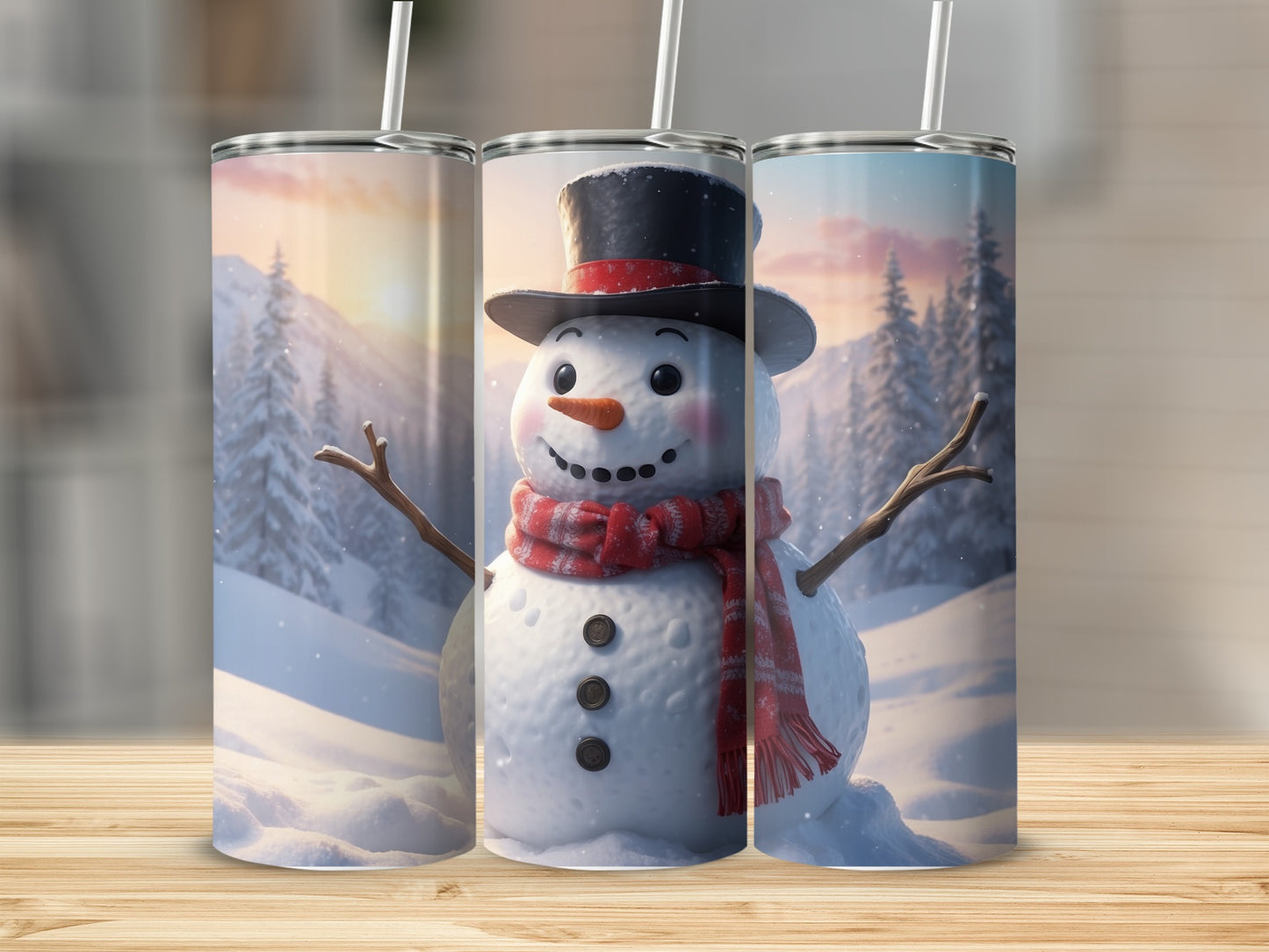 Snowman in a top hat and scarf on a winter landscape.